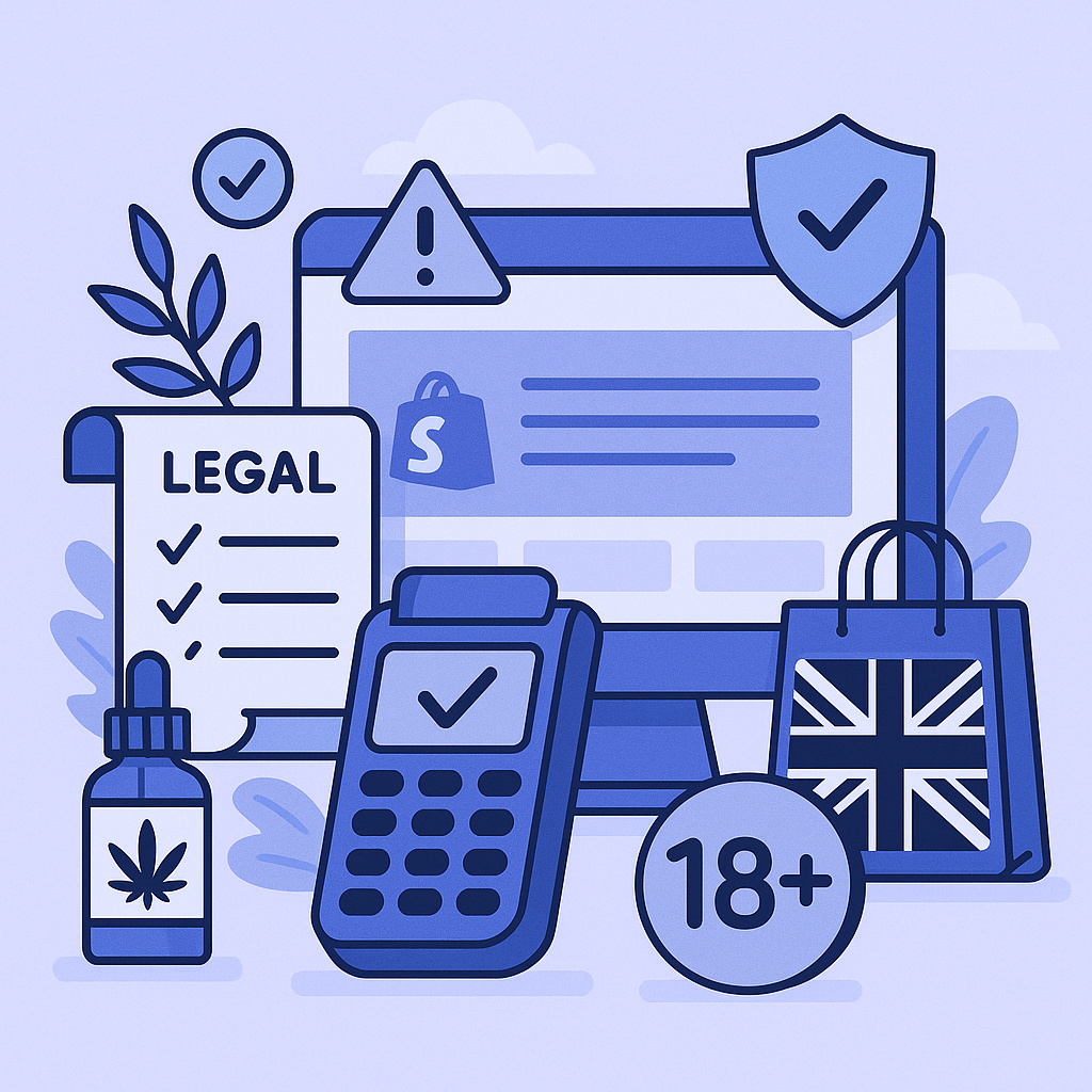 A digital illustration representing a compliant high-risk Shopify store in the UK, featuring a legal checklist, CBD bottle, card reader, age verification icon, UK shopping bag, and a computer displaying the Shopify platform.