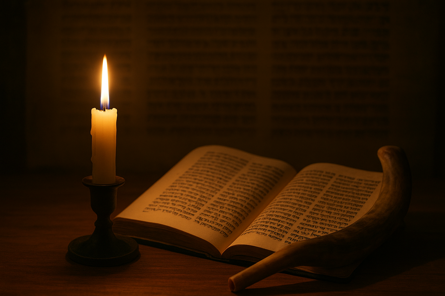 Горящая свеча, раскрытый свиток Торы и шофар — символ подготовки к Рош а-Шана и Дню Суда