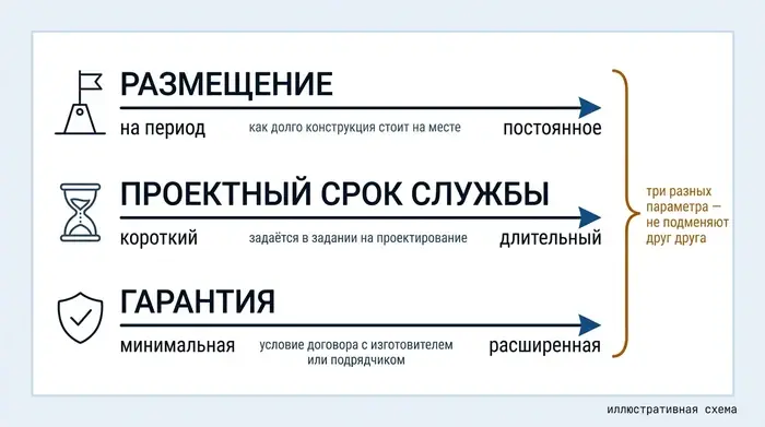 Три отдельные шкалы: размещение, проектный срок службы и гарантия