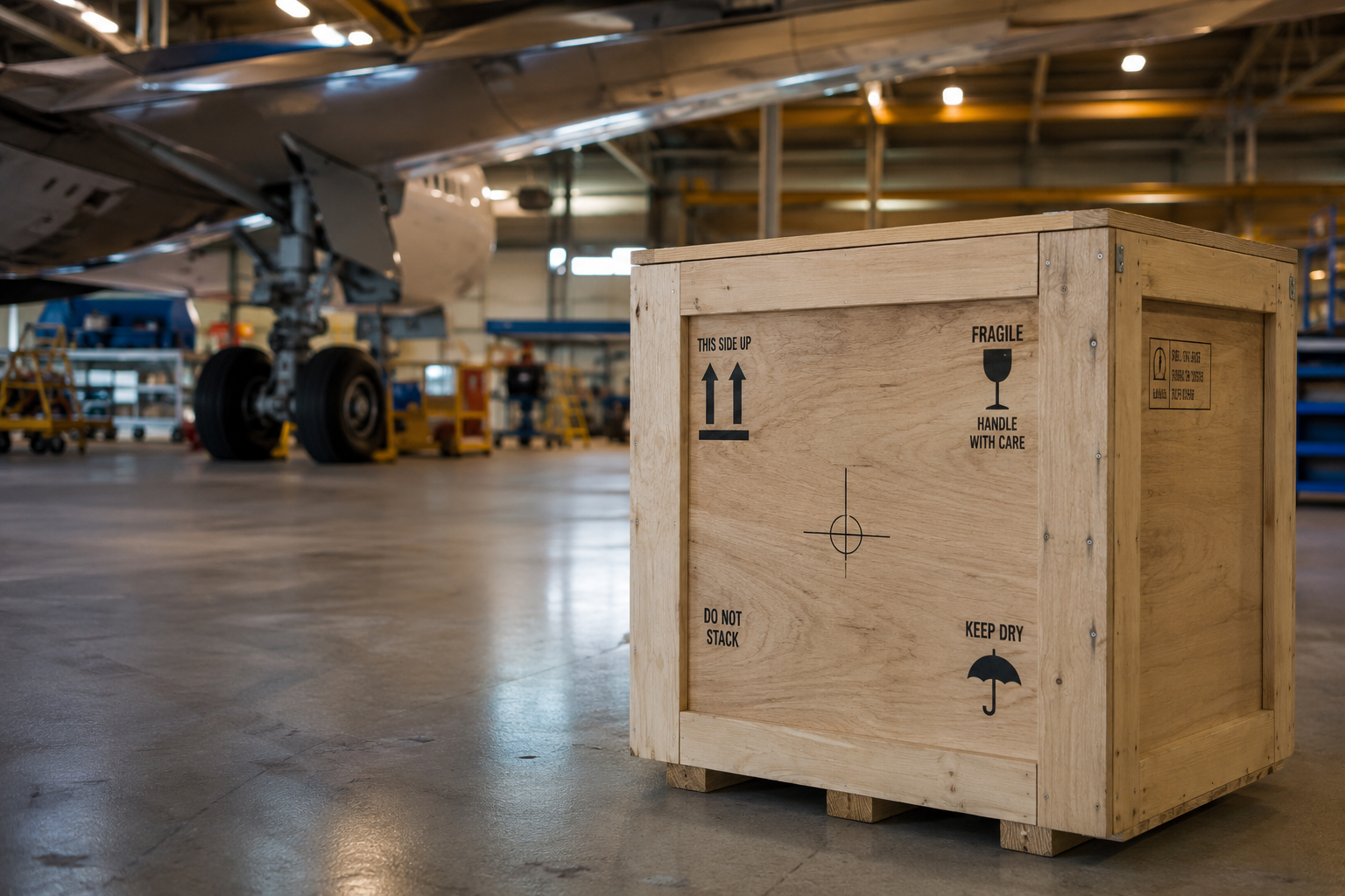Aircraft hangar setting for ATA-300 compliant aerospace parts crating by Argos Crating