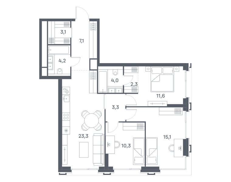 Планировка квартиры с 3 спальнями 84,3 м² в ЖК Portland: корпус 8, секция 4, 21-й этаж