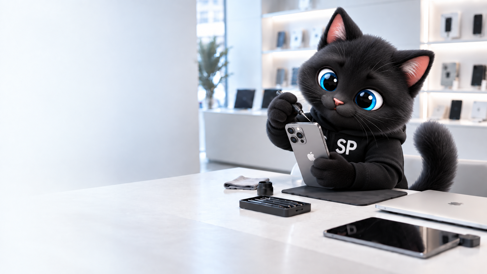 Котик SmartPapa в сервисной зоне с флагманским iPhone в лапах