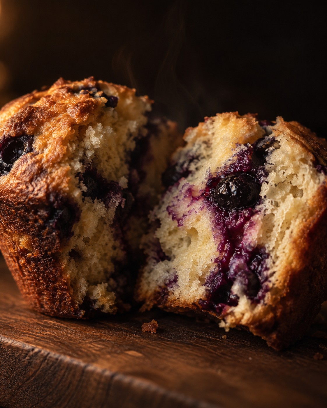 A warm blueberry muffin torn open, tender crumb with a burst blueberry bleeding purple juice, close up