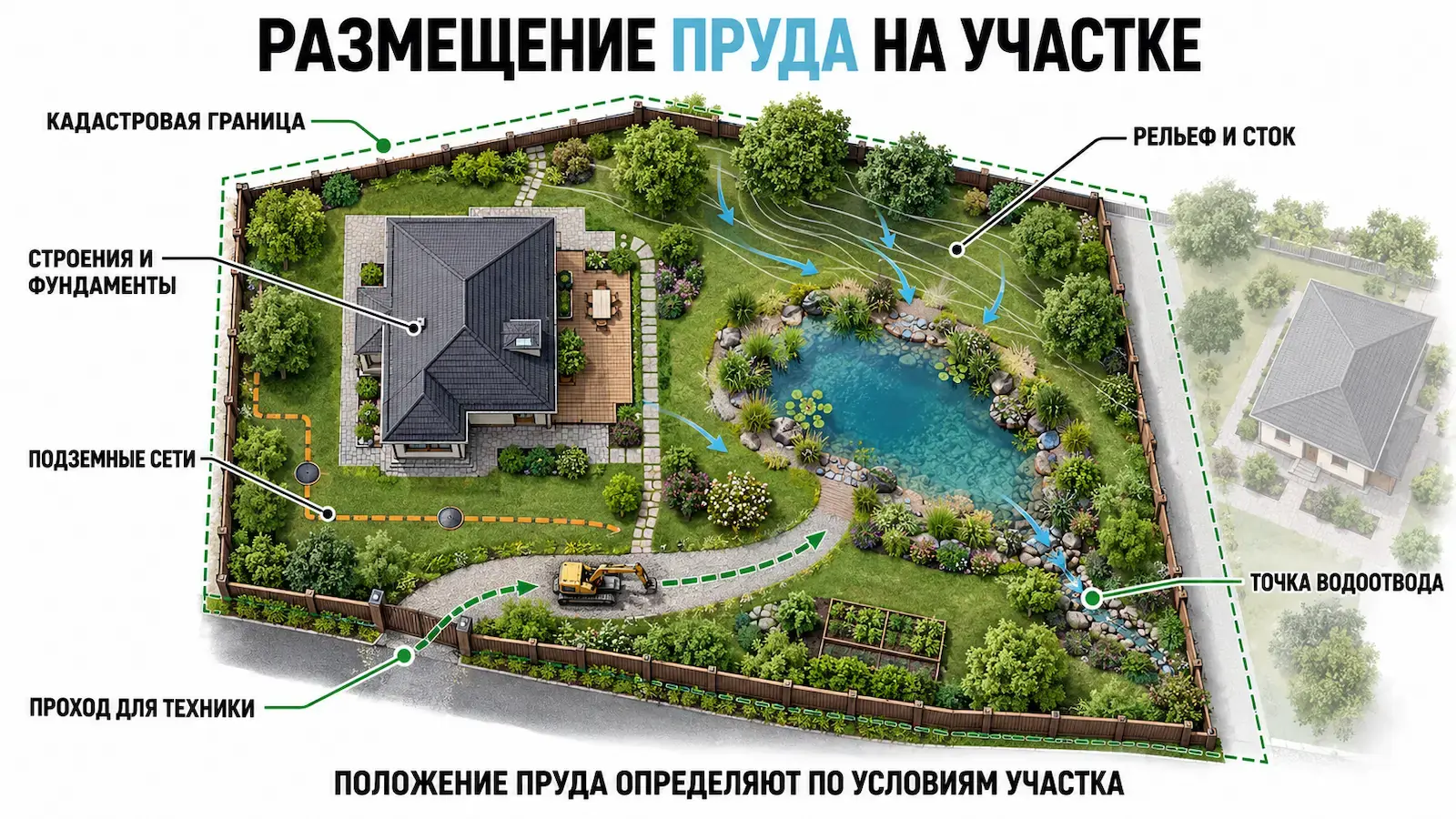 Схема размещения пруда с учётом границ, рельефа, сетей и водоотвода