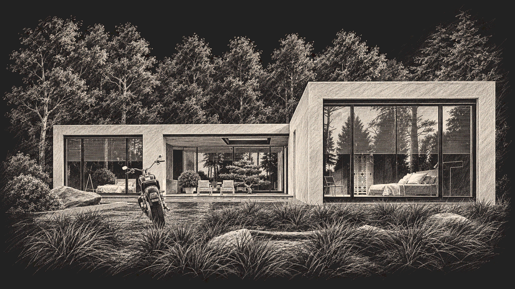 Architectural pencil sketch of JET VILLA