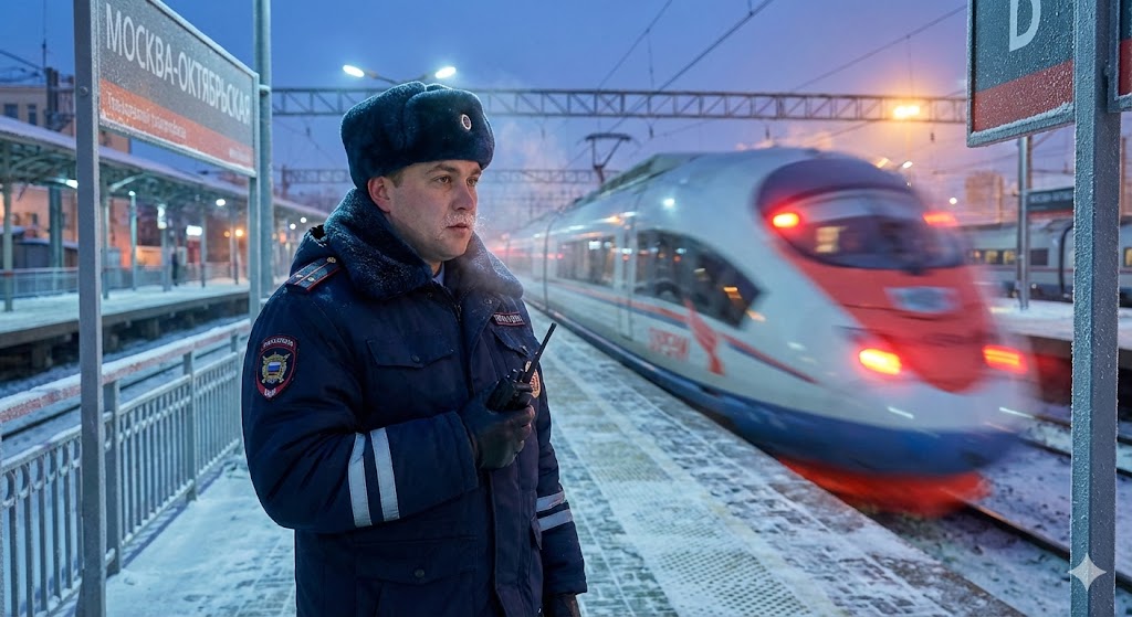 Сотрудник транспортной полиции на дежурстве на железнодорожном вокзале зимой