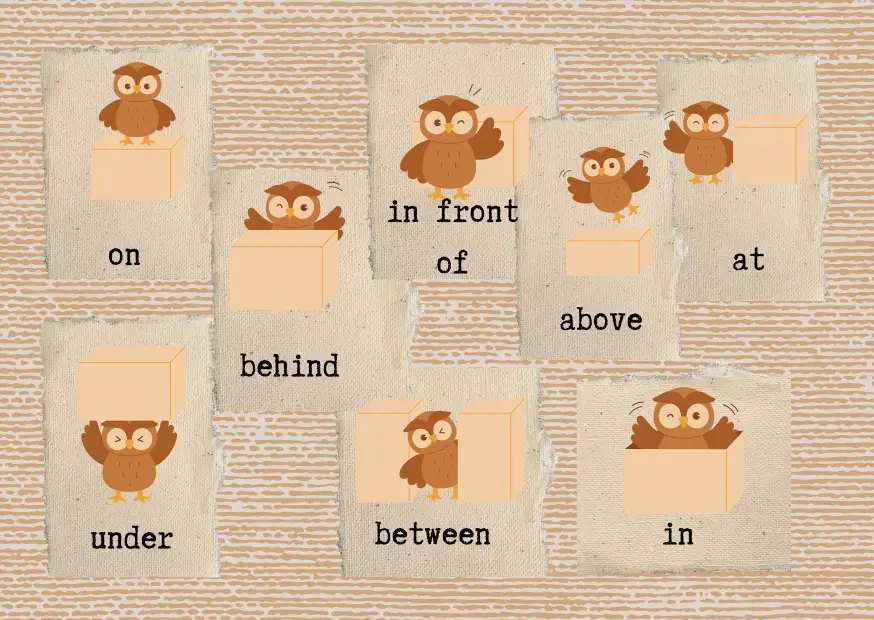 Предлоги места в английском с картинками сов: on, under, in, at, behind, between, in front of, above