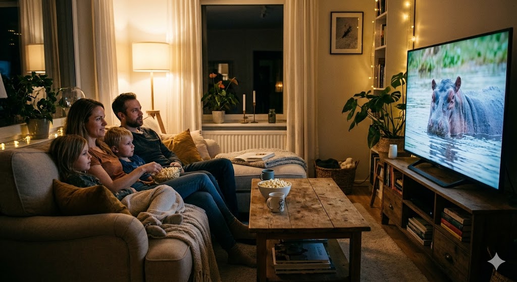 Семья смотрит документальный фильм о природе