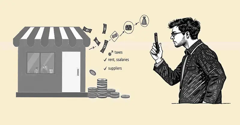 On a beige background, on the left—a store building with banknotes flying out and coins spilling; on the right—an entrepreneur wearing glasses closely examining it through a magnifying glass.