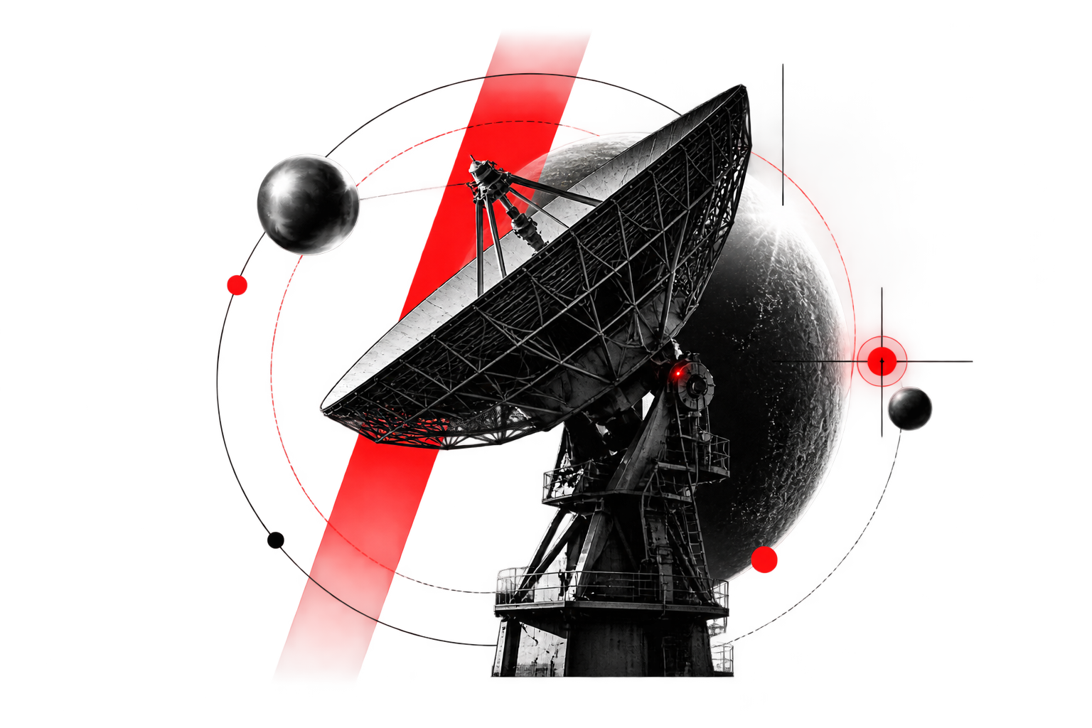Original NOVA FRAME antenna collage with metallic spheres and red geometric accents