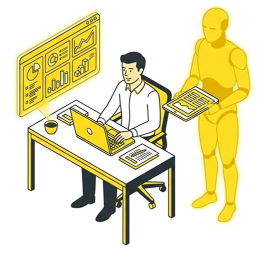 Совместная работа бухгалтера и искусственного интеллекта в офисе