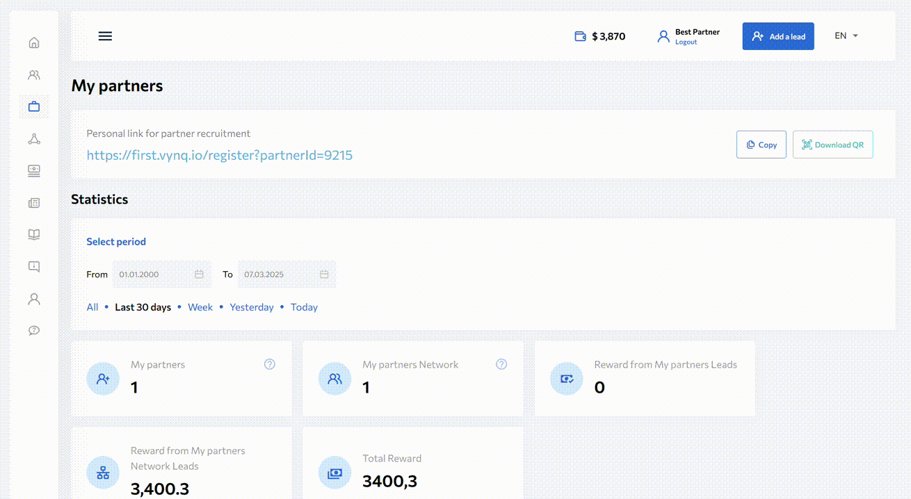 регистрация партнера и управление его профилем