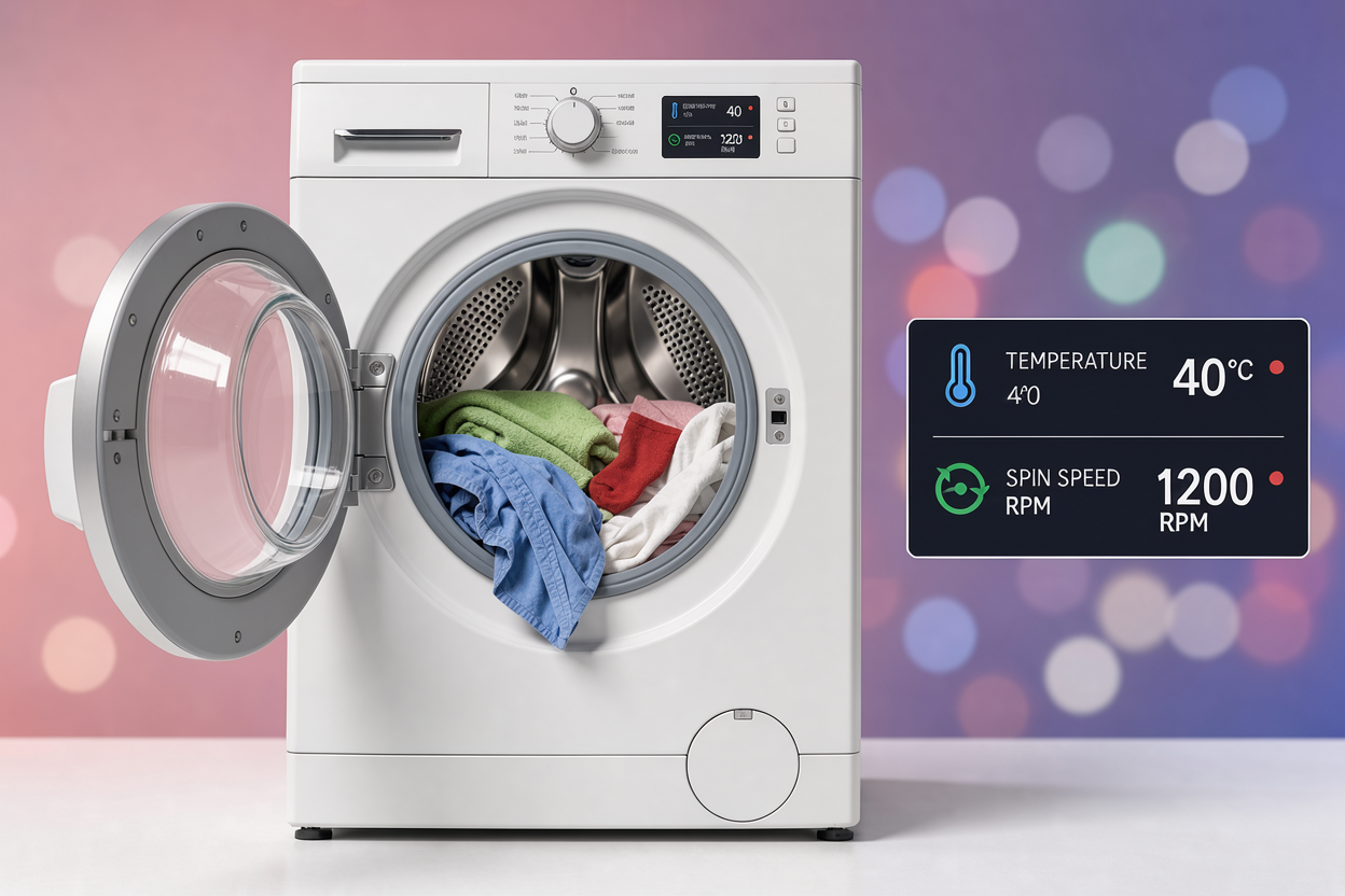 A washing machine front with the door open, a moderate load of mixed fabrics inside, and an inset showing temperature and spin speed settings