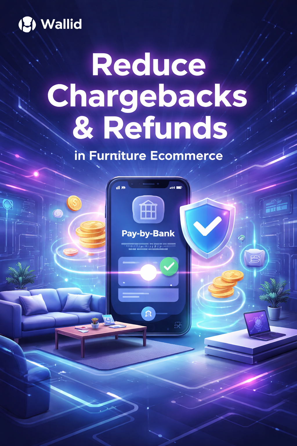 Futuristic illustration of Pay-by-Bank checkout reducing chargebacks and refunds in furniture ecommerce with Wallid