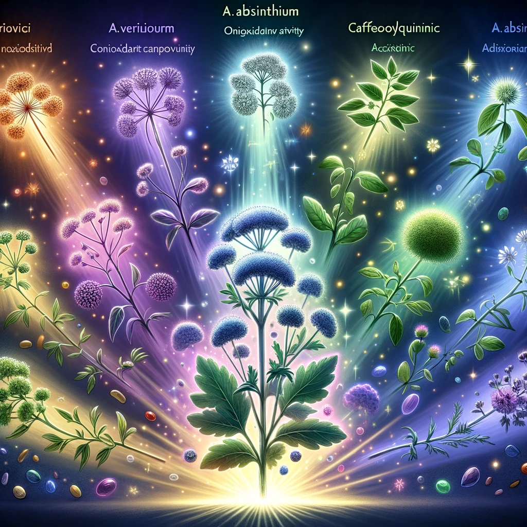 A metaphorical illustration representing Artemisia spp. plants as magical sources emitting light of antioxidant activity. Each plant is depicted with varying intensities of glow, symbolizing their unique antioxidant capabilities. Particularly, A. verlotiorum is shown with the brightest light, contrasting with A. absinthium emitting the faintest glow. The light is colored in different shades, representing various antioxidant compounds like caffeoylquinic acids and flavonoids, metaphorically illustrating that the plants are literally illuminating the path to health through their antioxidant properties.