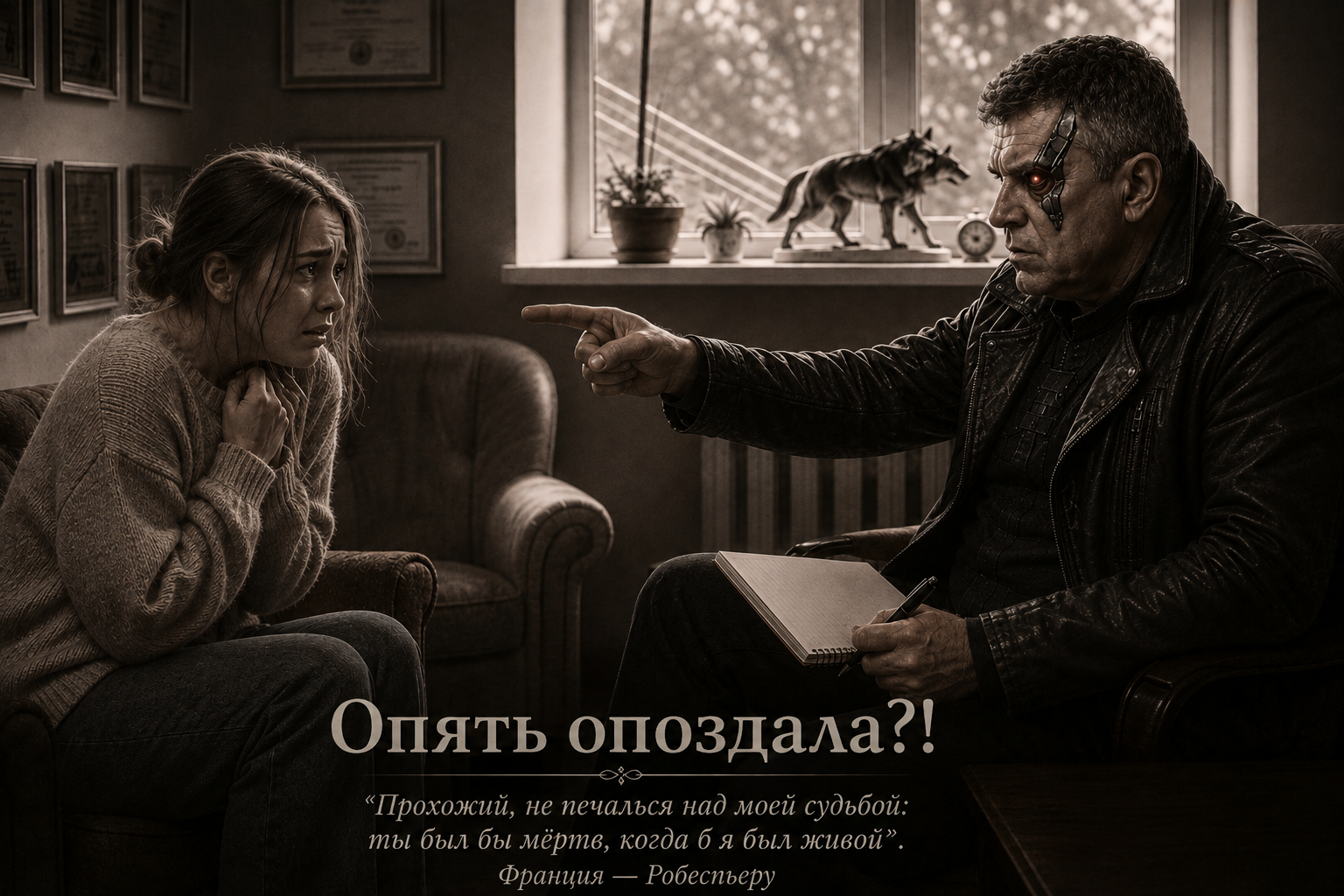 Иллюстрация давления и ответного страха в отношениях: мужчина агрессивно указывает на женщину, та сжалась и испуганно смотрит на мужчину.