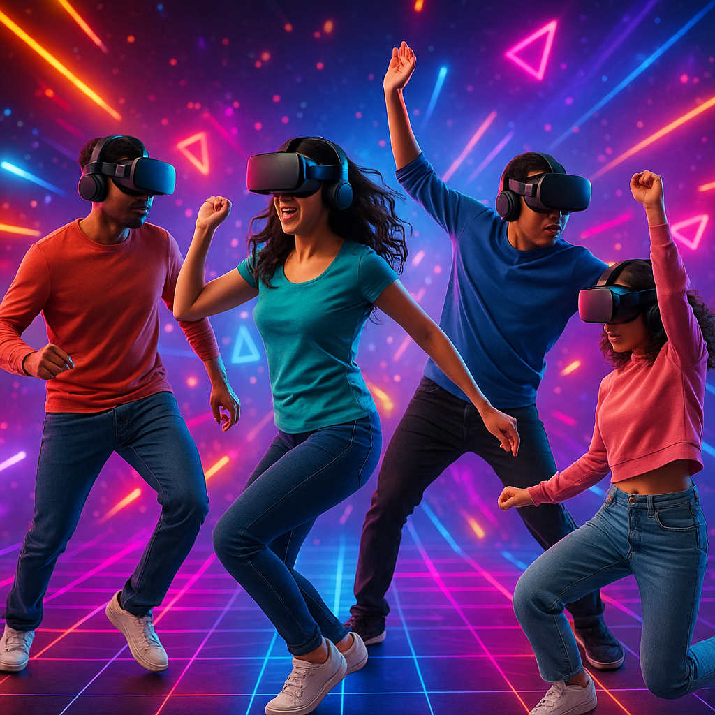 Участники танцуют в VR-шлемах в современном клубе виртуальной реальности в Москве с яркими неоновыми эффектами