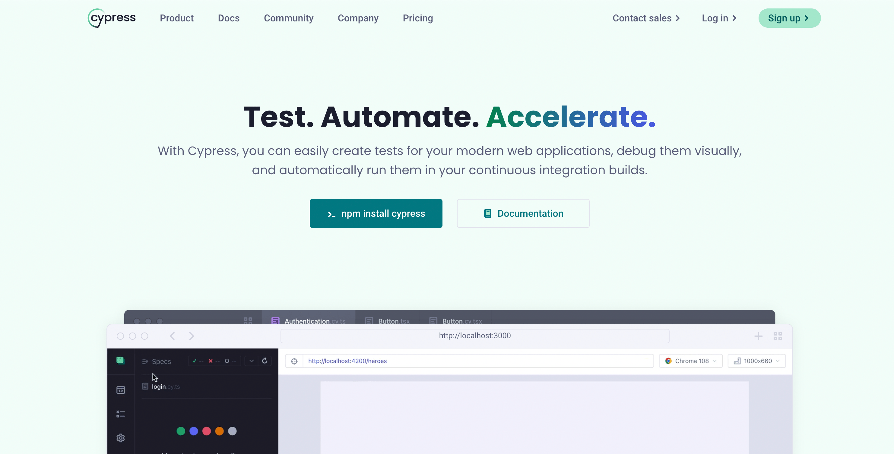 Скриншот страницы Cypress.io