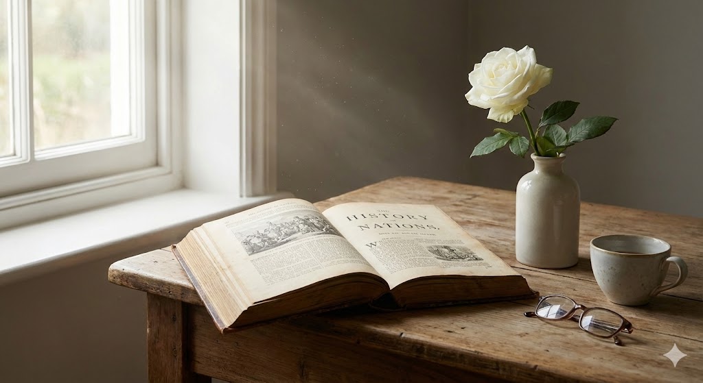 Книга по истории и белый цветок на столе как символ памяти и скорби 