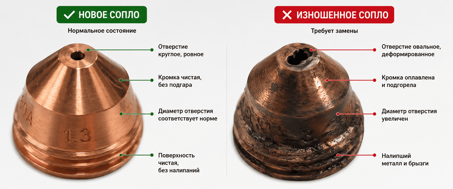 Сравнение нового и изношенного сопла для плазменной резки с признаками износа и повреждений