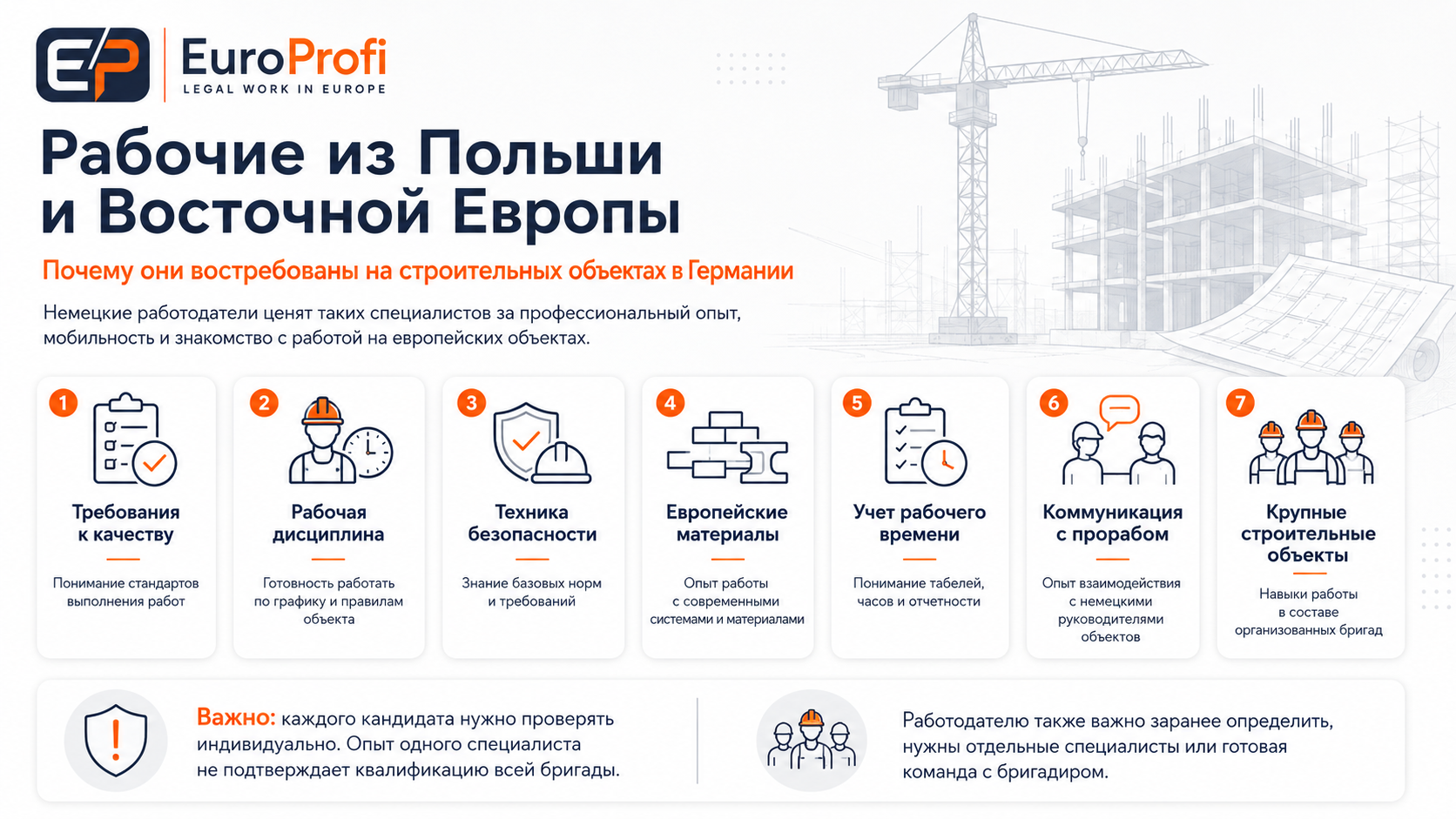 Инфографика EuroProfi о преимуществах рабочих из Польши и Восточной Европы для строительных объектов в Германии: требования к качеству, рабочая дисциплина, техника безопасности, знание европейских материалов, учет рабочего времени, коммуникация с прорабом и опыт работы на крупных объектах.