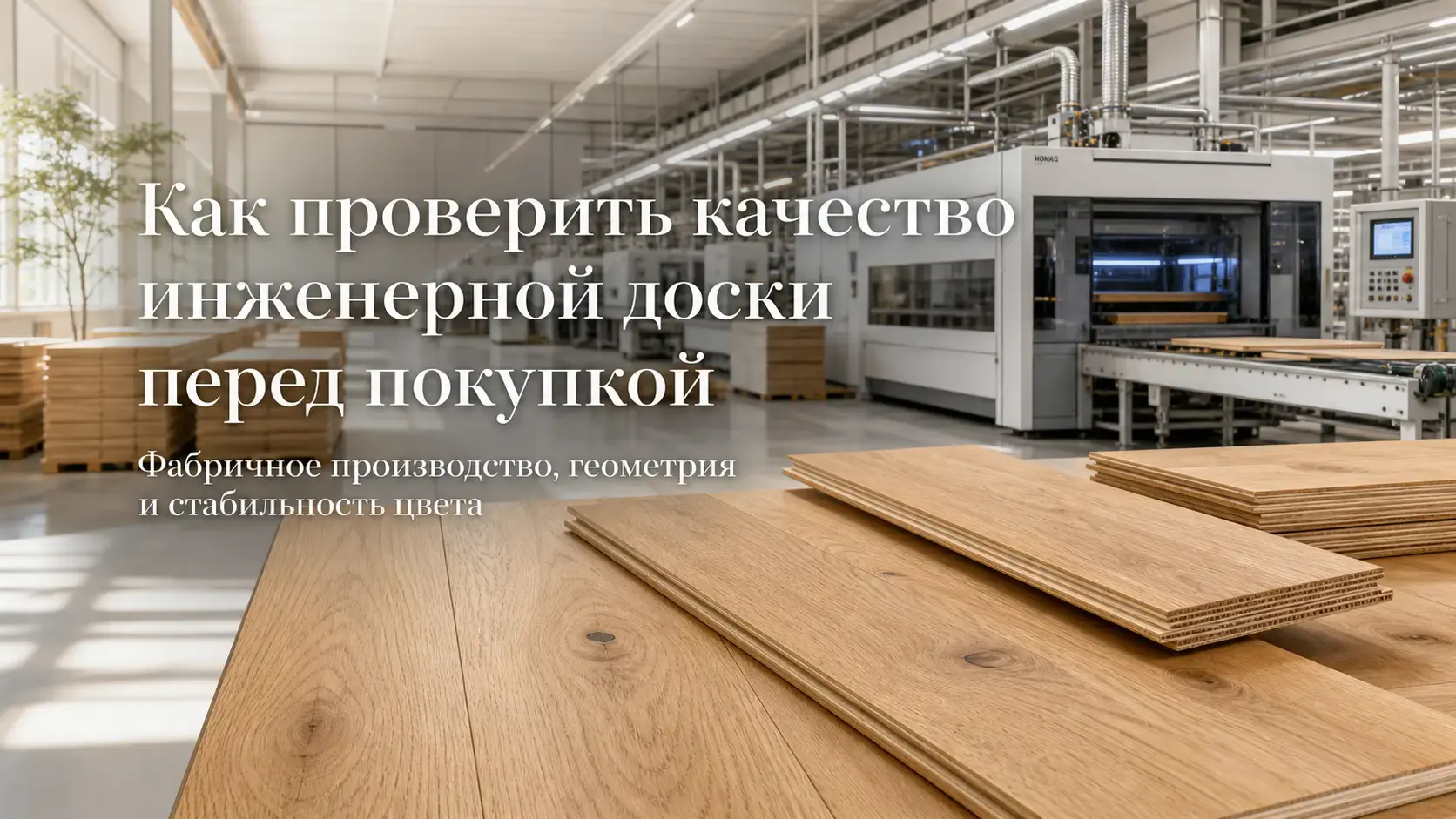 Современное фабричное производство инженерной доски с автоматизированной линией обработки, контролем геометрии и готовыми дубовыми планками в натуральном оттенке. Изображение подчёркивает важность заводского качества, стабильного покрытия, точного попадан