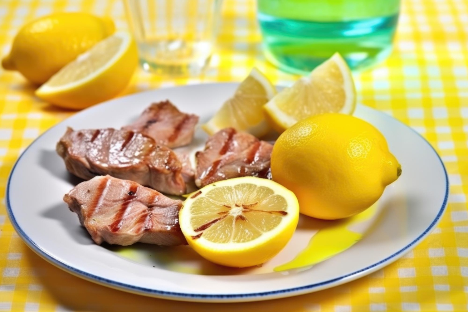 мясо на тарелке с лимоном