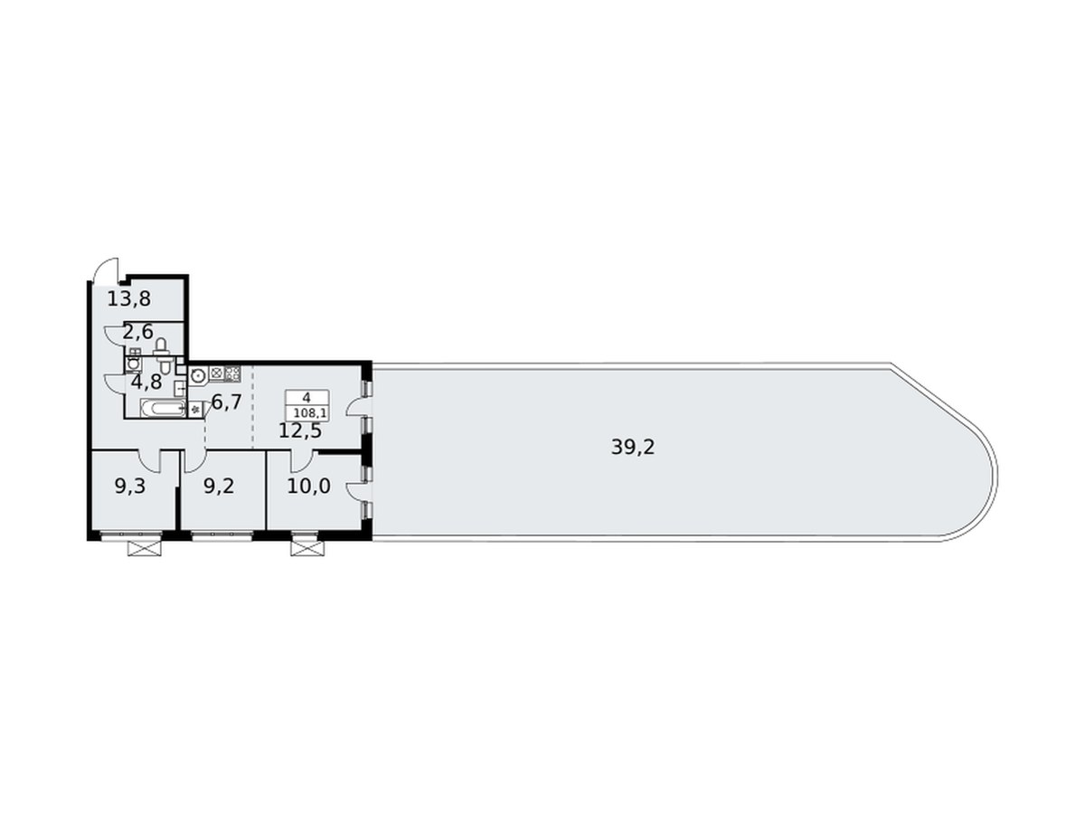 Планировка: 4-комнатная квартира с террасой 107,9 м², ЖК Скандинавия, корпус 37.2.2