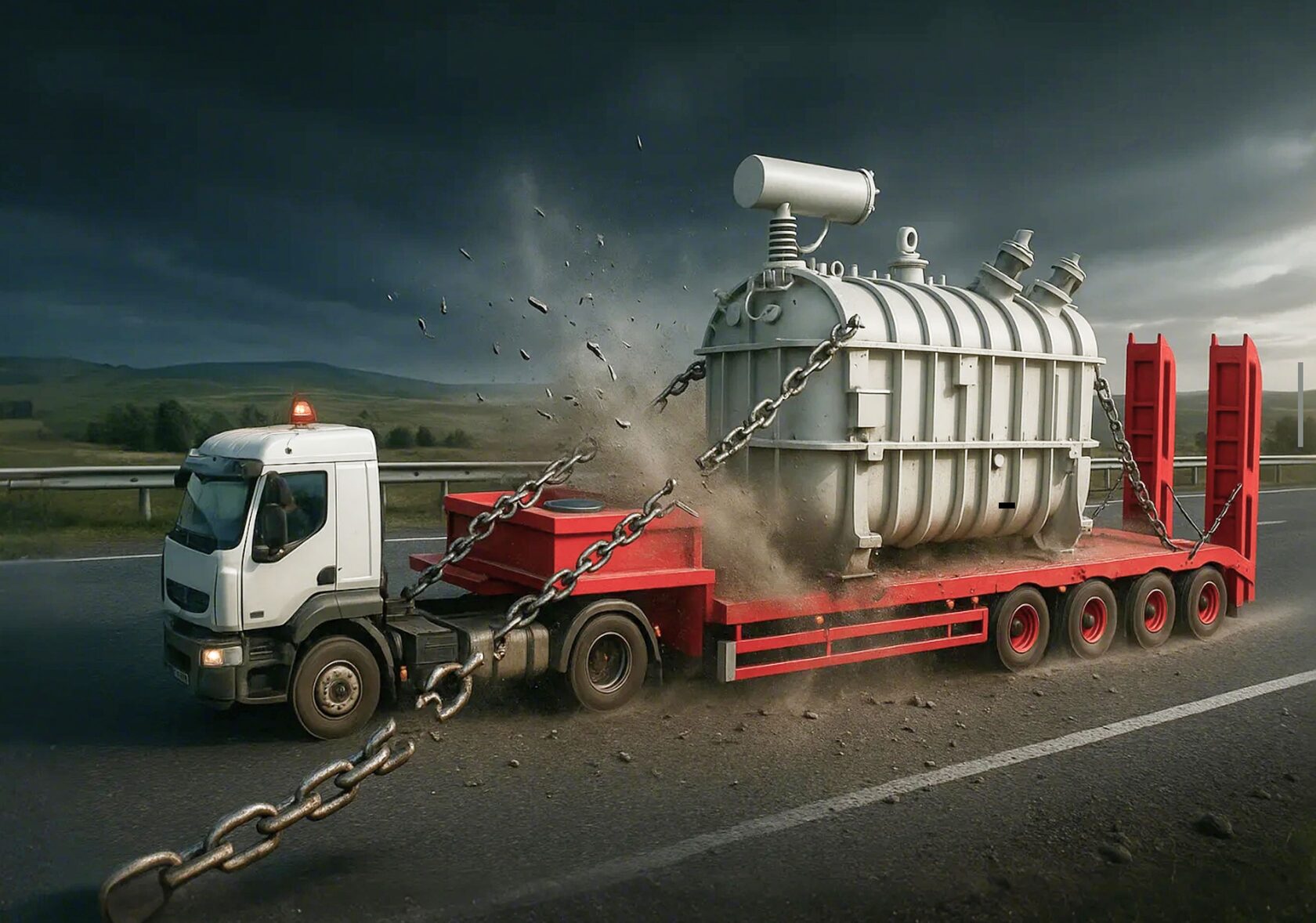 Негабаритный груз. металлические цепи разрываются на дороге
