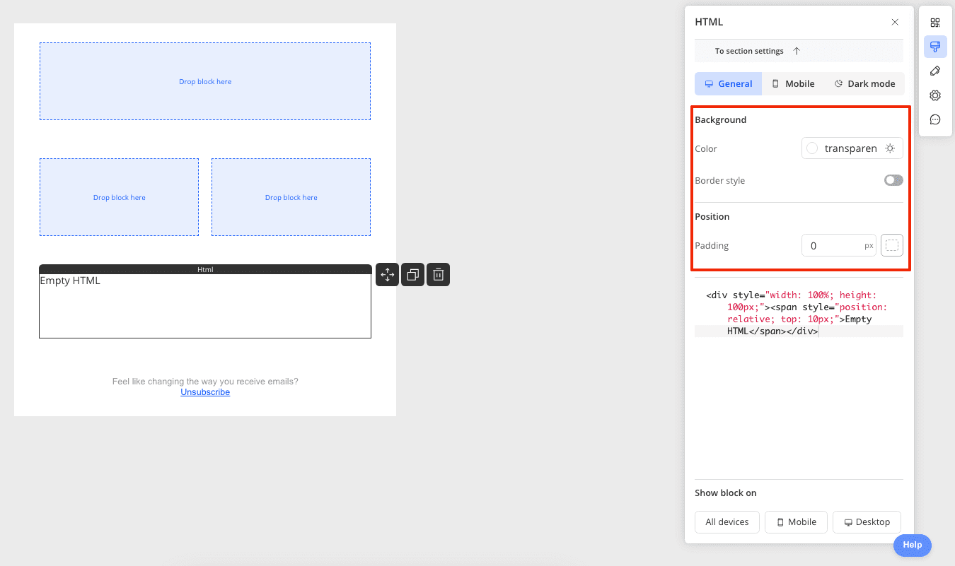 Desktop settings for HTML block