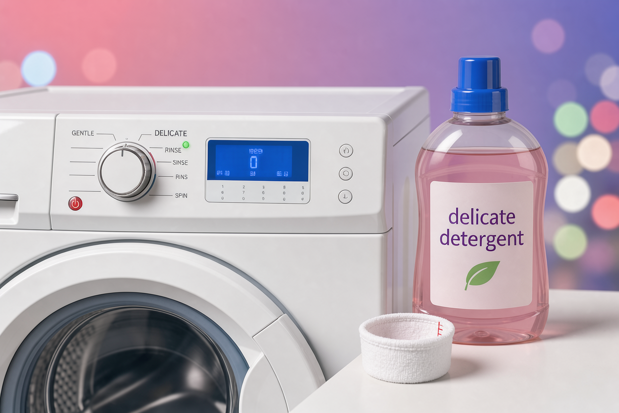 A washing machine control panel set to a gentle or delicate cycle, with a nearby bottle labeled generically 'delicate detergent' and a cloth measuring cap