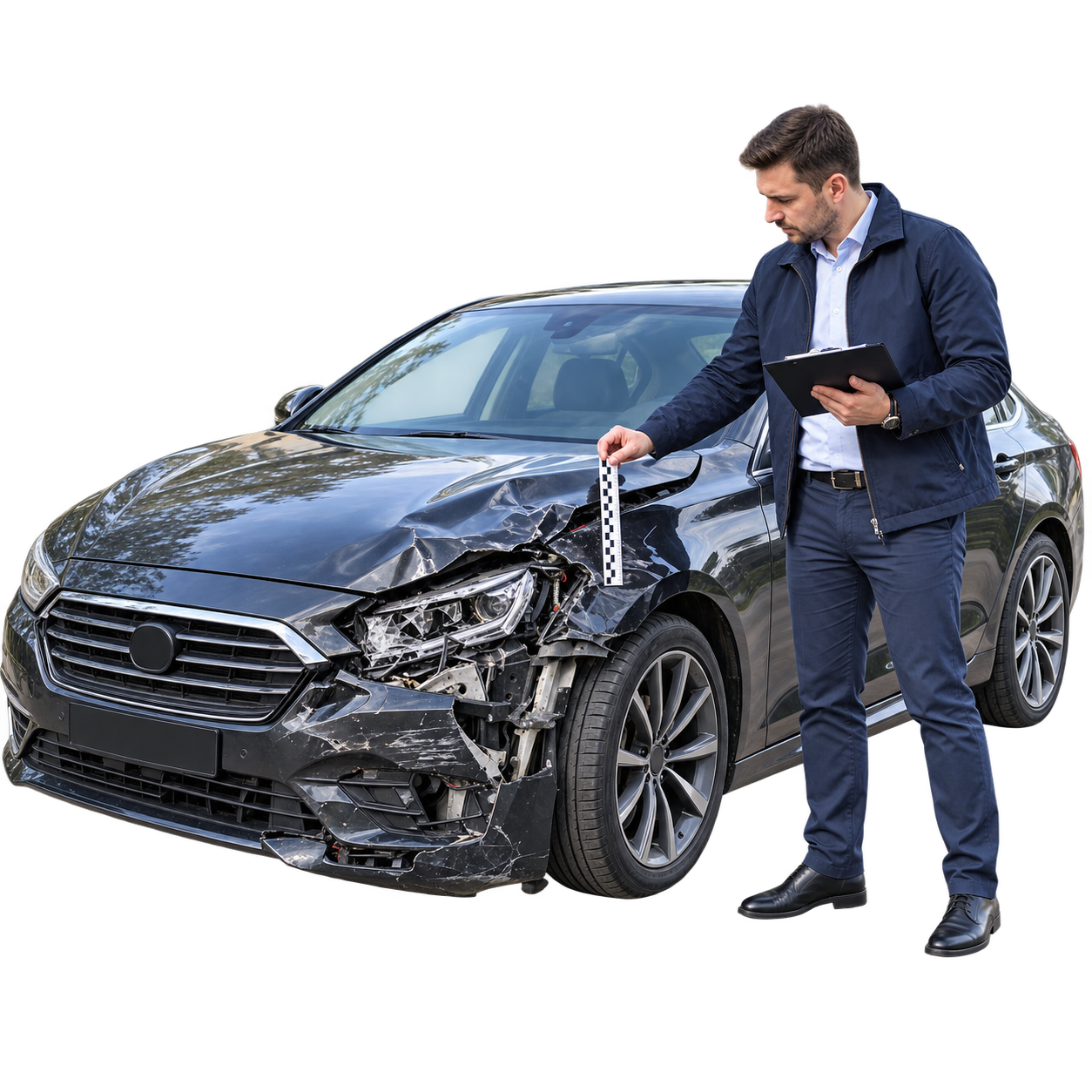 Автоэксперт ТАТЭКС осматривает повреждённый автомобиль