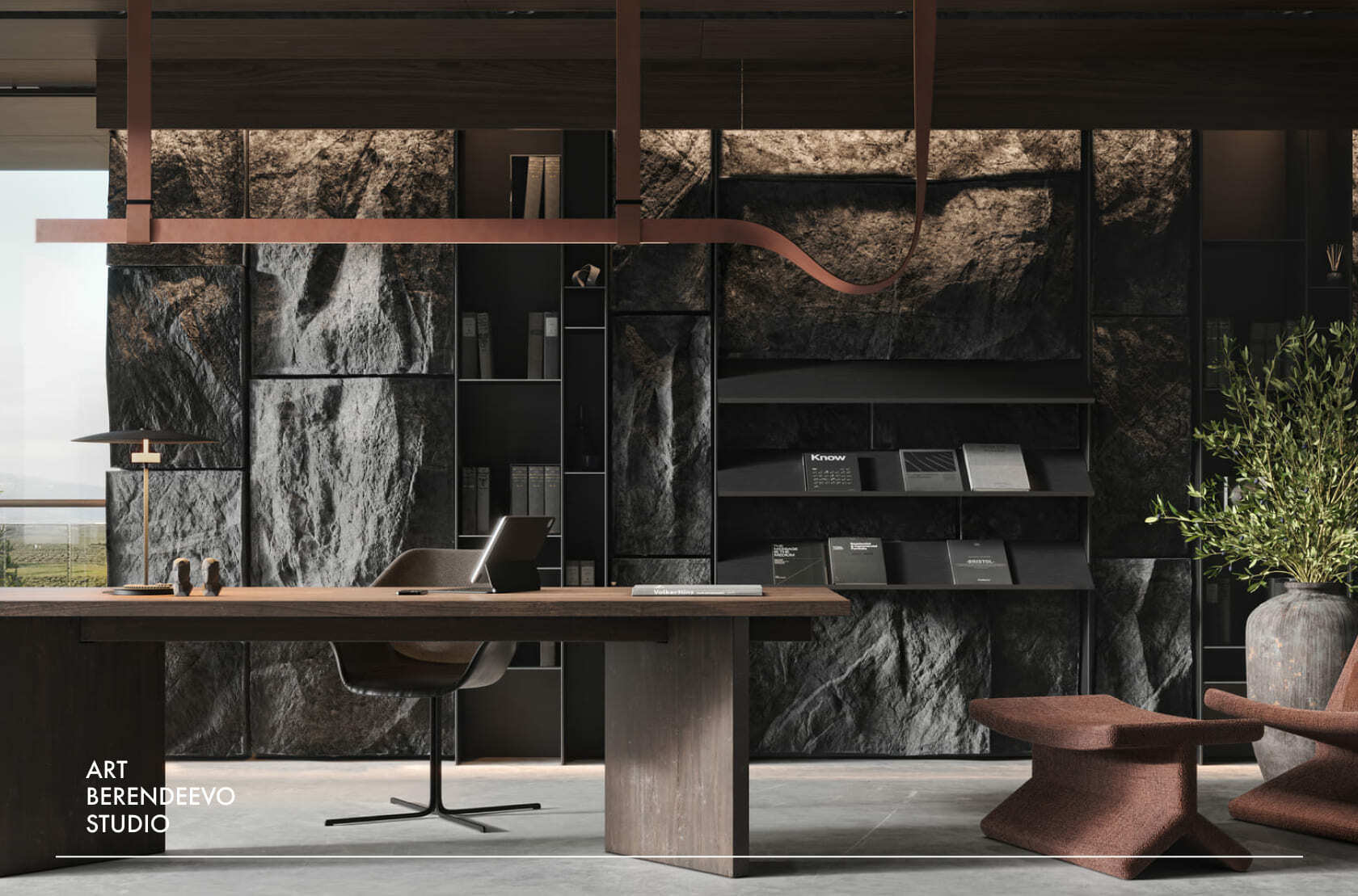 Визуализация дизайна кабинета с отделкой искусственными скалами из архитектурного бетона