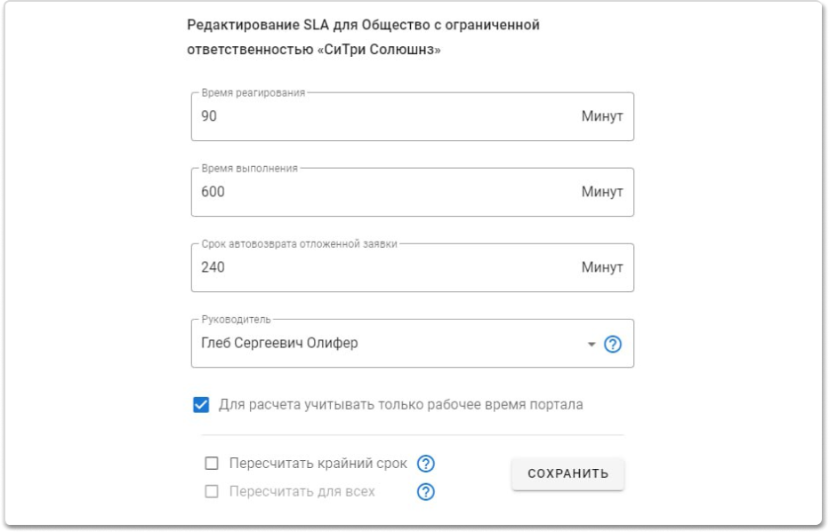 Параметры SLA, заданные в сервис-деске