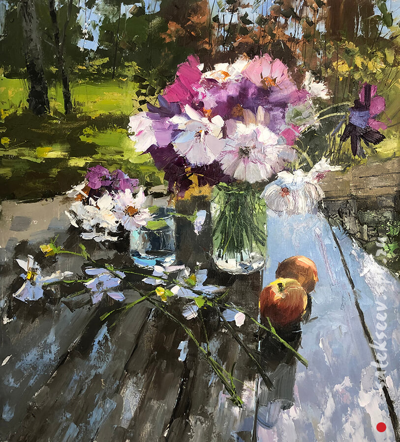 Cosmos on a wet table. 2021. Oil on canvas, 70x60 cm