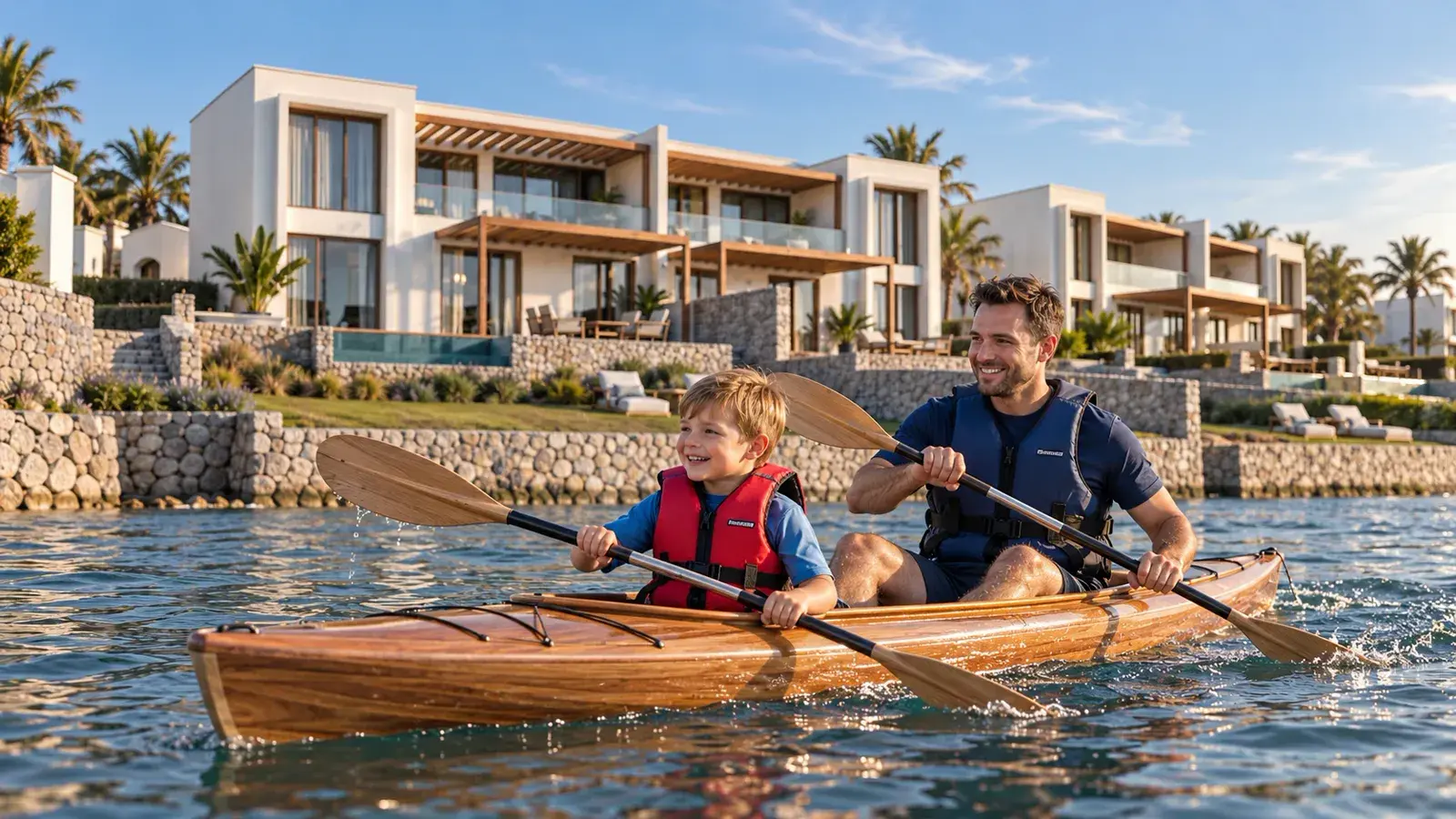 Kayaking past waterfront villas