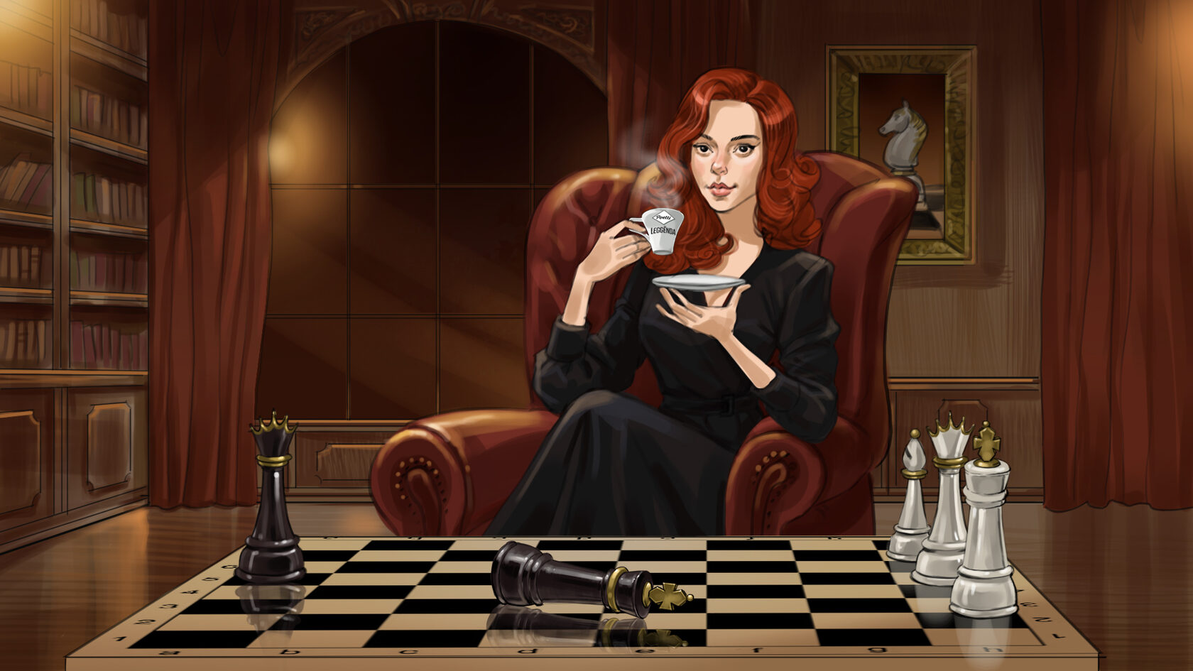 Сториборд женщина с рыжими волосами пьет кофе и играет в шахматы