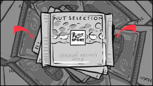 Шоколад, фундук и листья – вдохновение природой – Кадр из концептуального рекламного сценария: плитка Ritter Sport окружена фундуком, листьями и кусочками шоколада. Естественность, качество, вкус без компромиссов