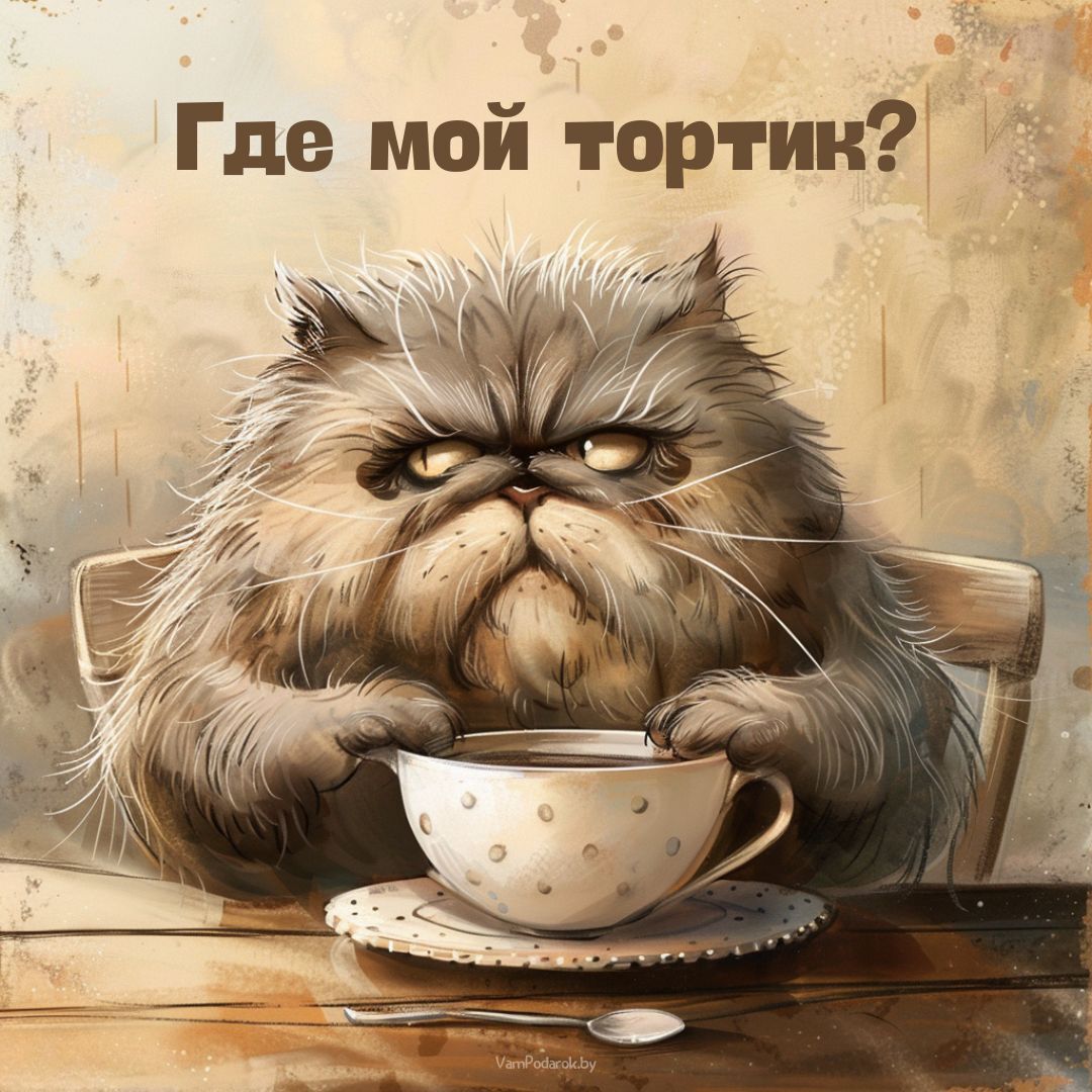 Грустный кот с кружкой чая - картинка иллюстрация