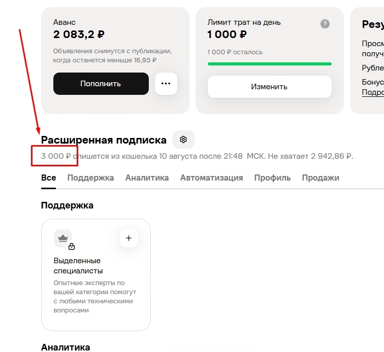 сколько стоит расширенный тариф на Авито