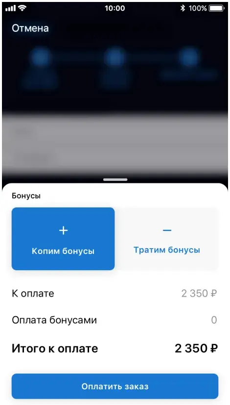 Экран оплаты с блоком «Бонусы»: кнопки «Копим бонусы» и «Тратим бонусы»