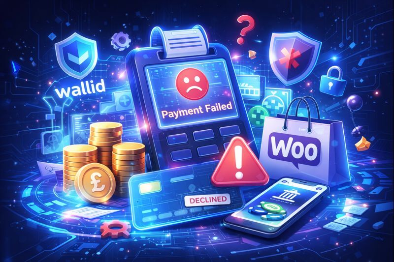 Futuristic illustration showing a WooCommerce checkout with a “payment failed” message, declined card icons, bank symbols, and Wallid pay-by-bank payment flow