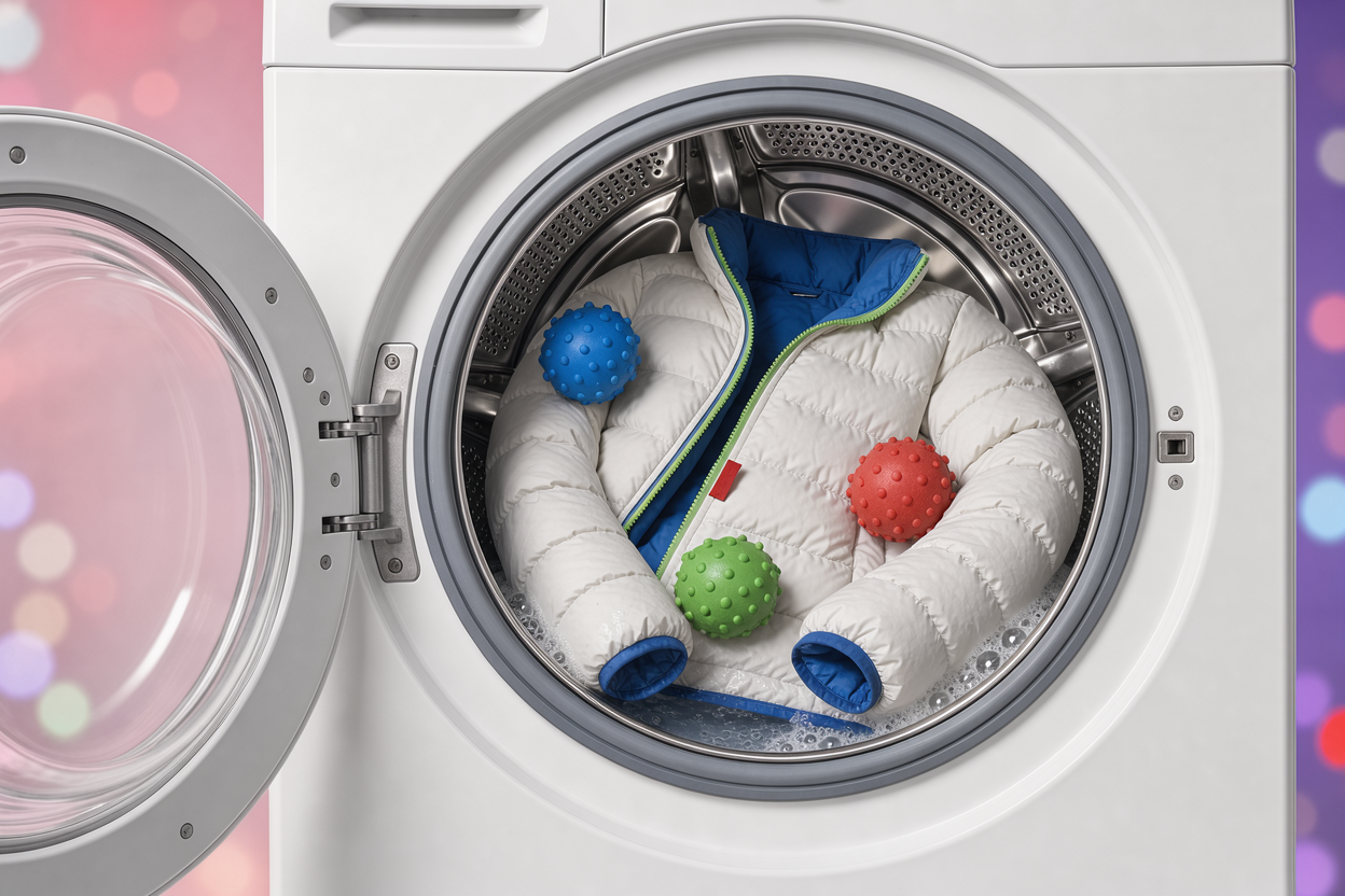 Top view of a front-loading washing machine drum with a single down jacket and three rubber dryer balls inside, showing safe machine washing