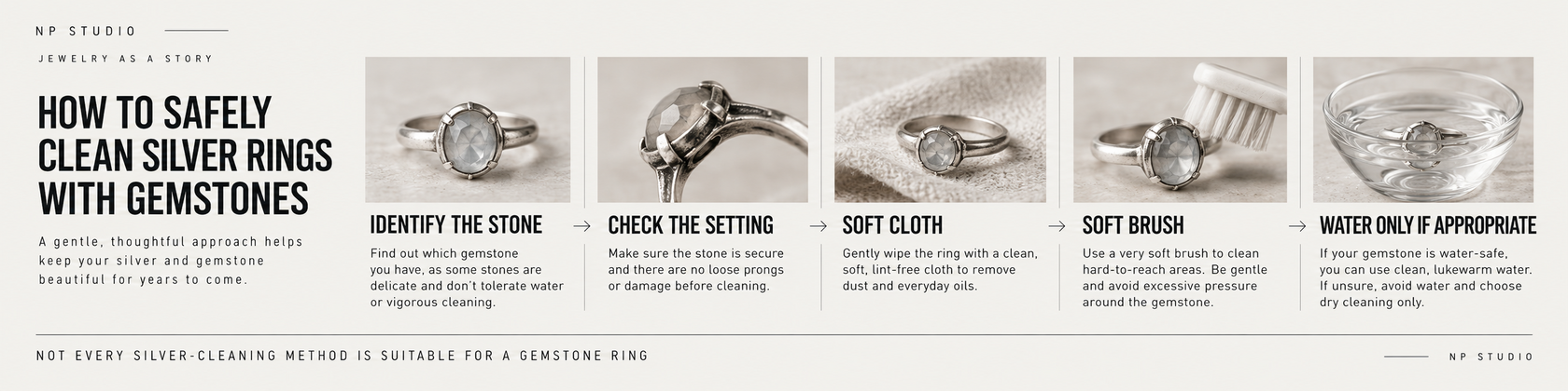 How to safely clean sterling silver rings with gemstones: identify the stone, check the setting, soft cloth, soft brush, water only if appropriate