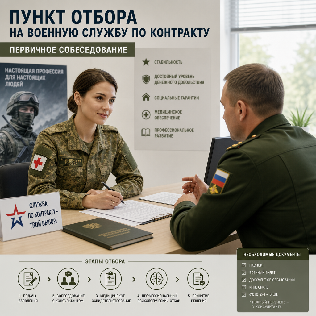 Молодая женщина в военной медицинской форме с нашивкой красного креста беседует с офицером в пункте отбора на военную службу по контракту — момент первичного собеседования, на столе лежат документы и бланки заявления