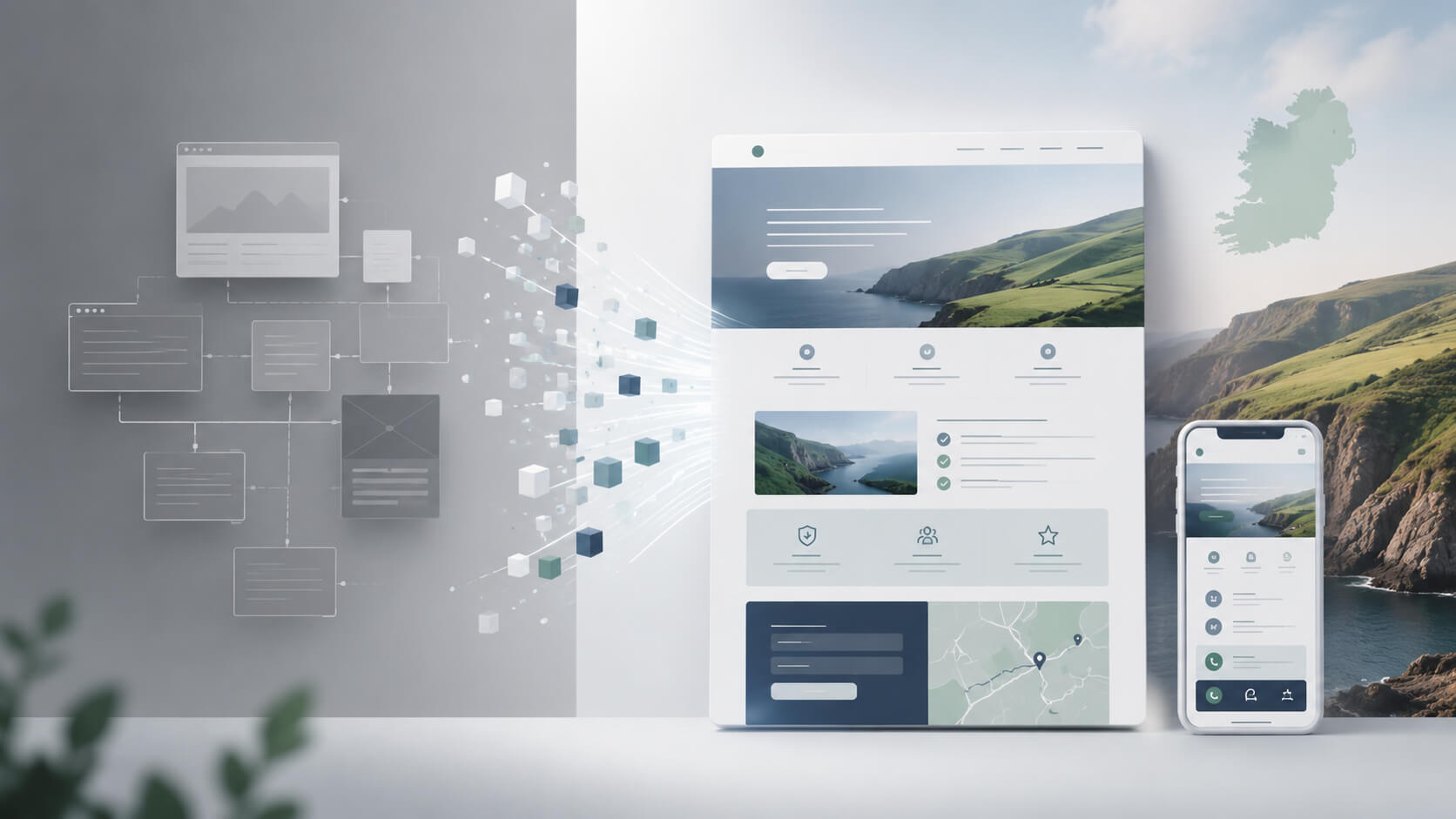 Abstract website rebuild concept showing an old small business website becoming a clearer modern structure