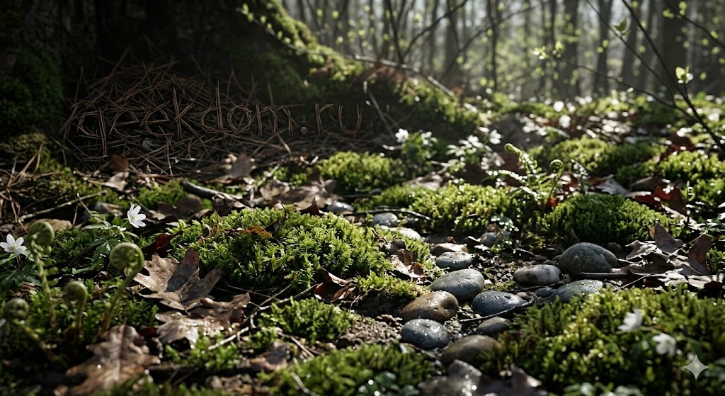 Лесная подстилка с мхом и ветвями иллюстрирующая Международный день лесов.