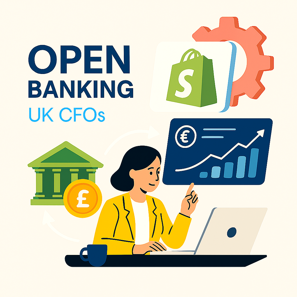 Illustration of a UK CFO using open banking tools on a laptop, with Shopify logo, pound symbol, bar chart, and bank building icon in the background, representing cash flow forecasting and real-time payments.