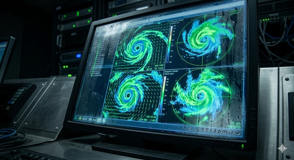Всемирный метеорологический день: макросъемка экрана метеорадара с каплями конденсата и картой циклона.
