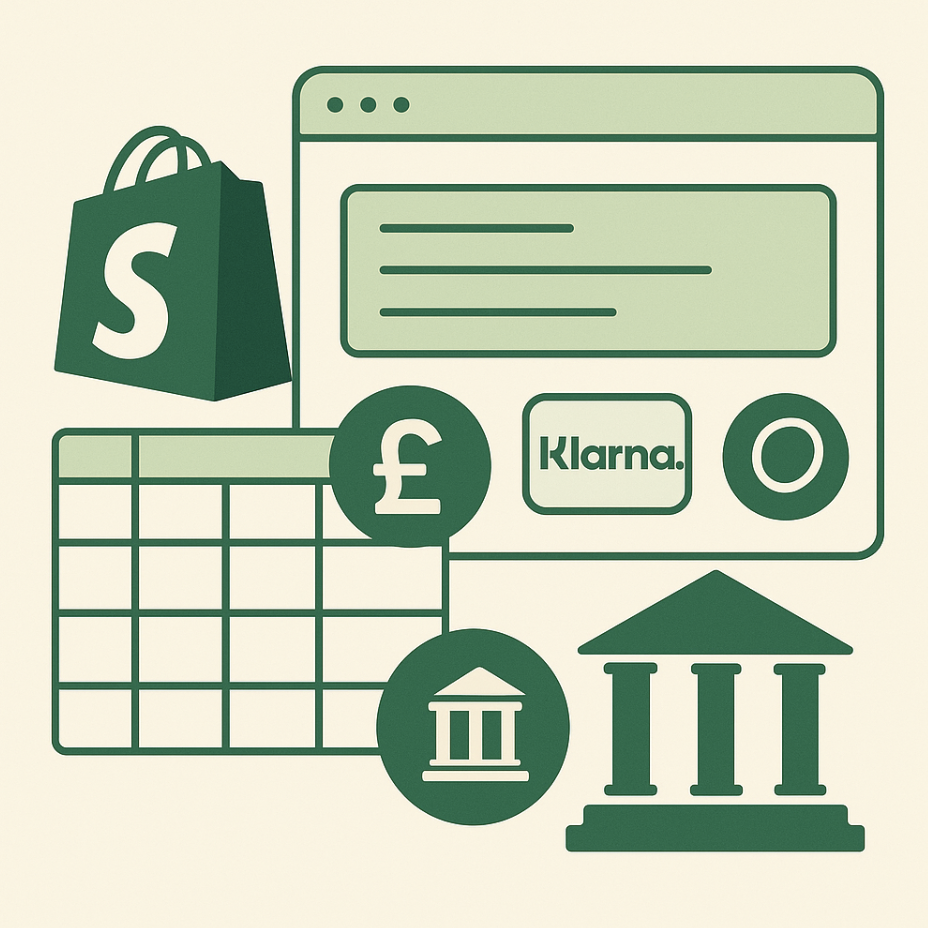 Flat vector illustration showing Shopify and payment method icons including PayPal, Klarna, and a bank building, with a green pound (£) symbol highlighting UK e-commerce costs and payment options.